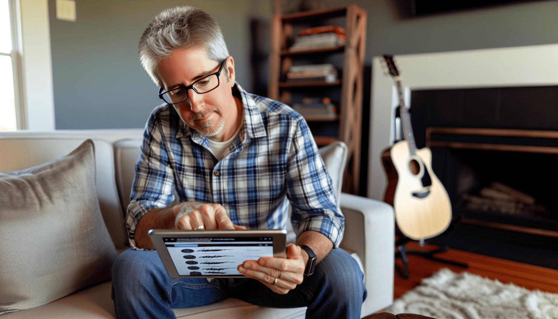 A person comparing different online guitar lesson platforms on a tablet