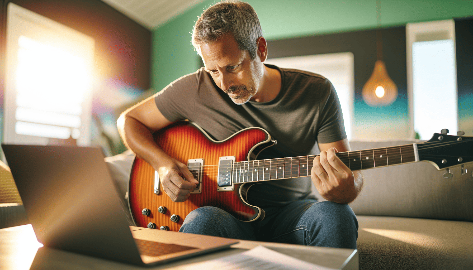 A person holding an electric guitar with a laptop in the background