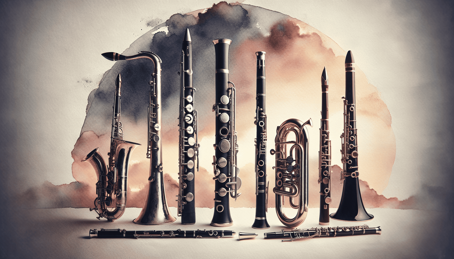 A set of woodwind instruments including flute, oboe, clarinet, and bassoon