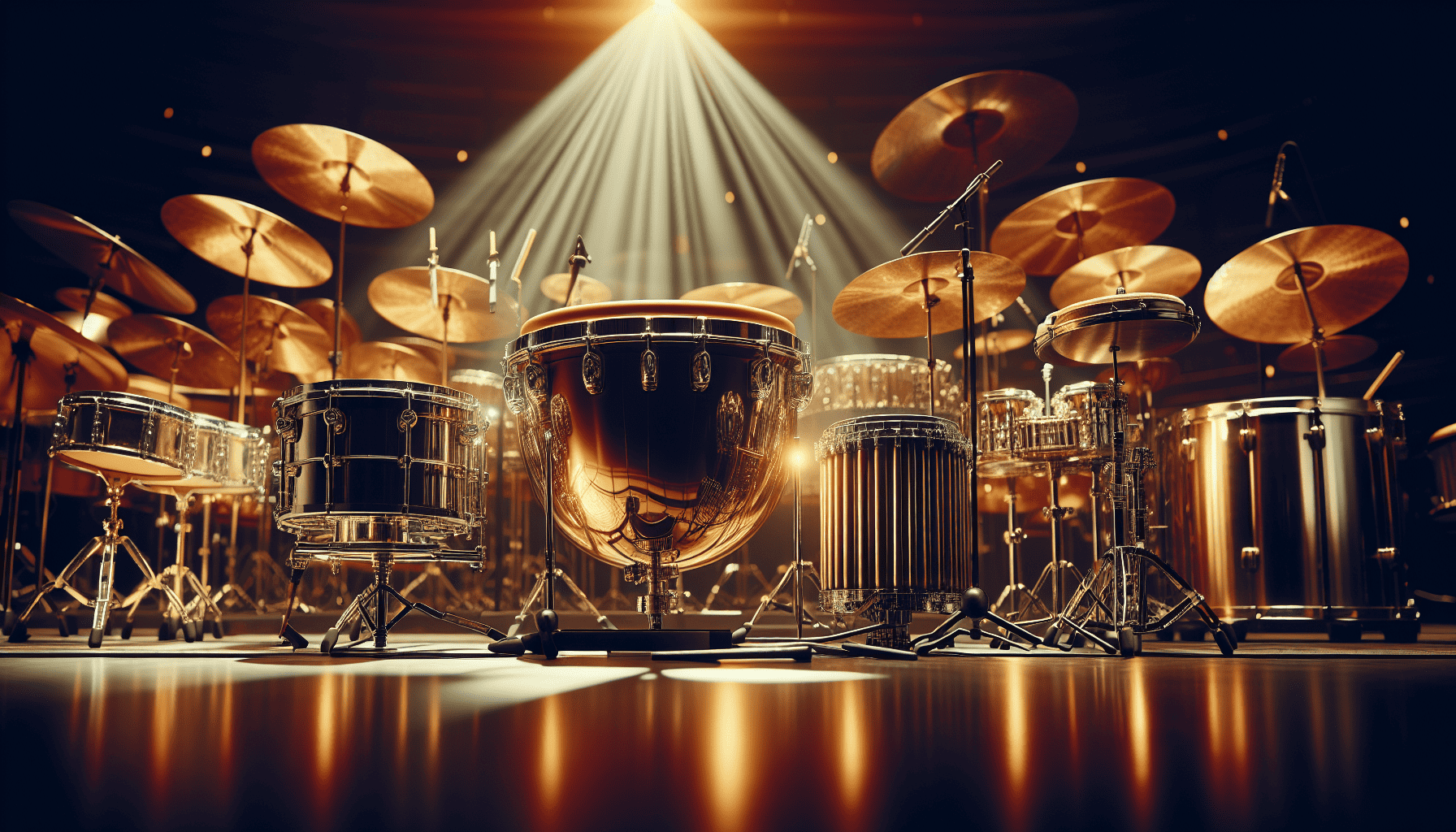 Percussion instruments including timpani, snare drum, bass drum, and cymbals