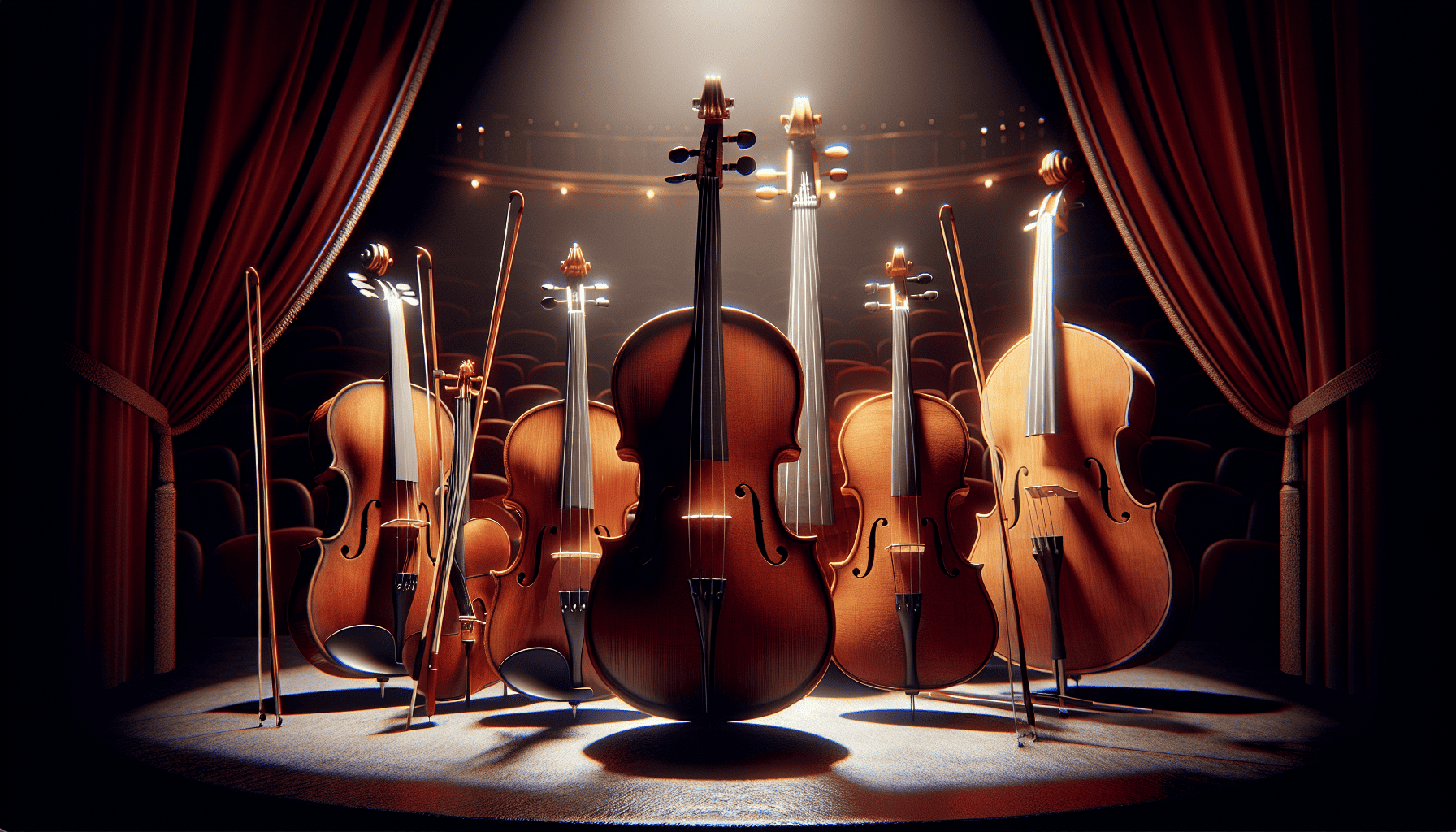 A group of string instruments including violin, viola, cello, and double bass