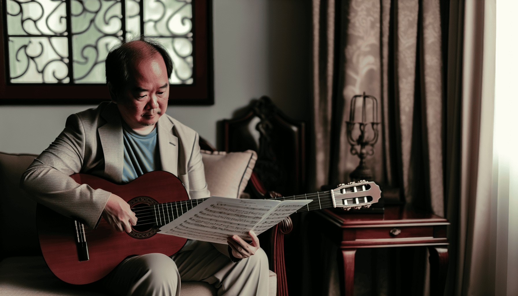 Musician reading guitar sheet music