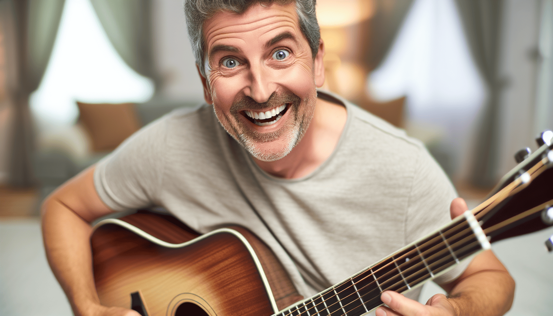 A person holding a guitar and smiling